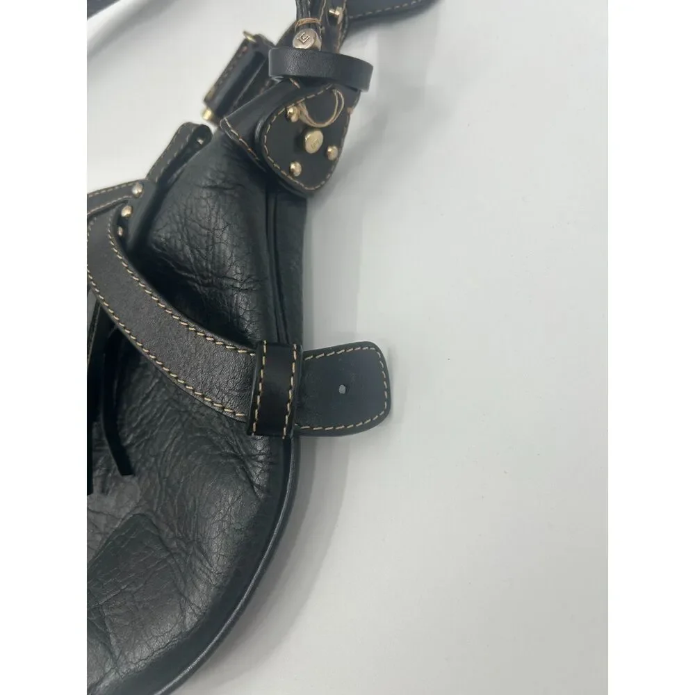 Liz Claiborne Vintage Black Crinkled Leather Shoulder Bag with Tassel Y2K